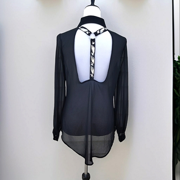 XOXO Tops - XOXO Sheer Black Button-Up Hi-Lo Blouse w/Jeweled Open Back Accent Sz S